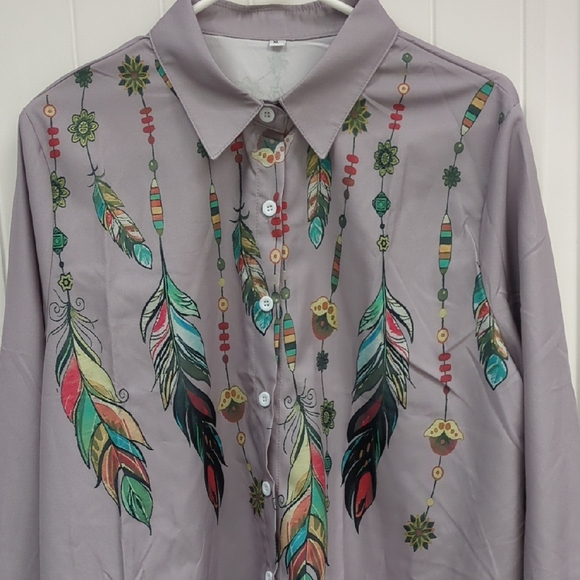 Tops - Colorful Feather Print Women's Button-Up Shirt